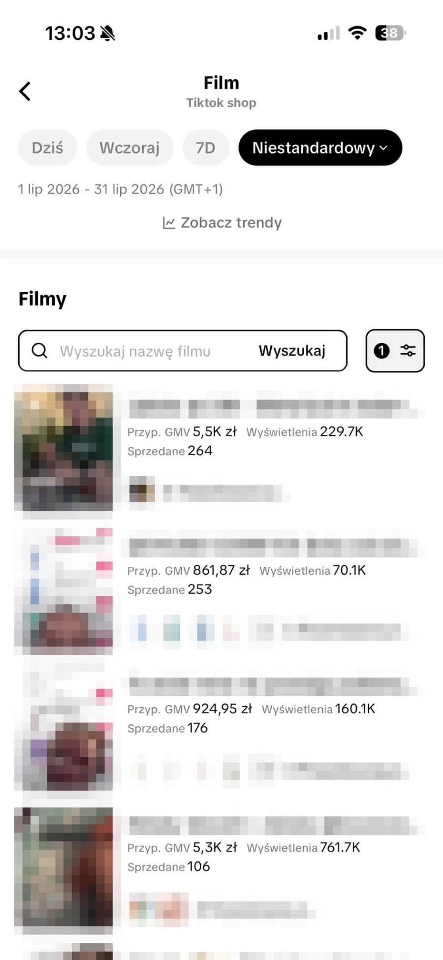 Lista filmów z lipca 2026 w panelu TikTok Shop z wynikami pojedynczych filmów.