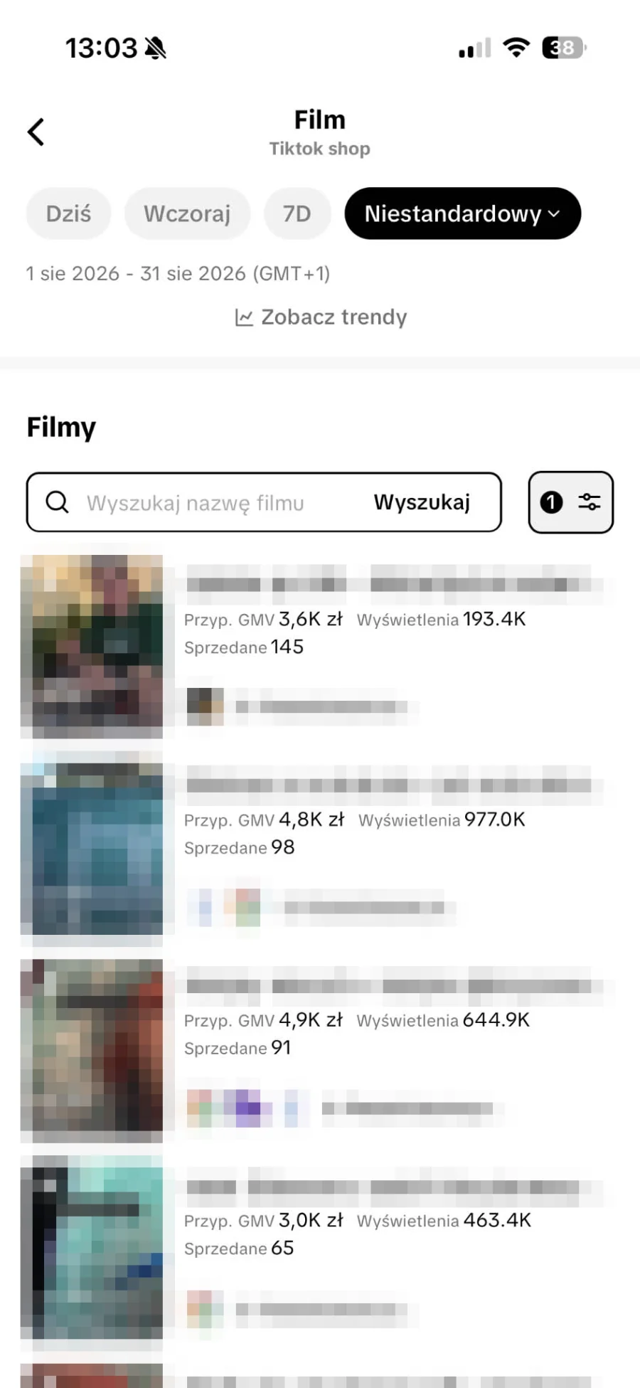 Lista filmów z sierpnia 2026 w panelu TikTok Shop z wynikami pojedynczych filmów.