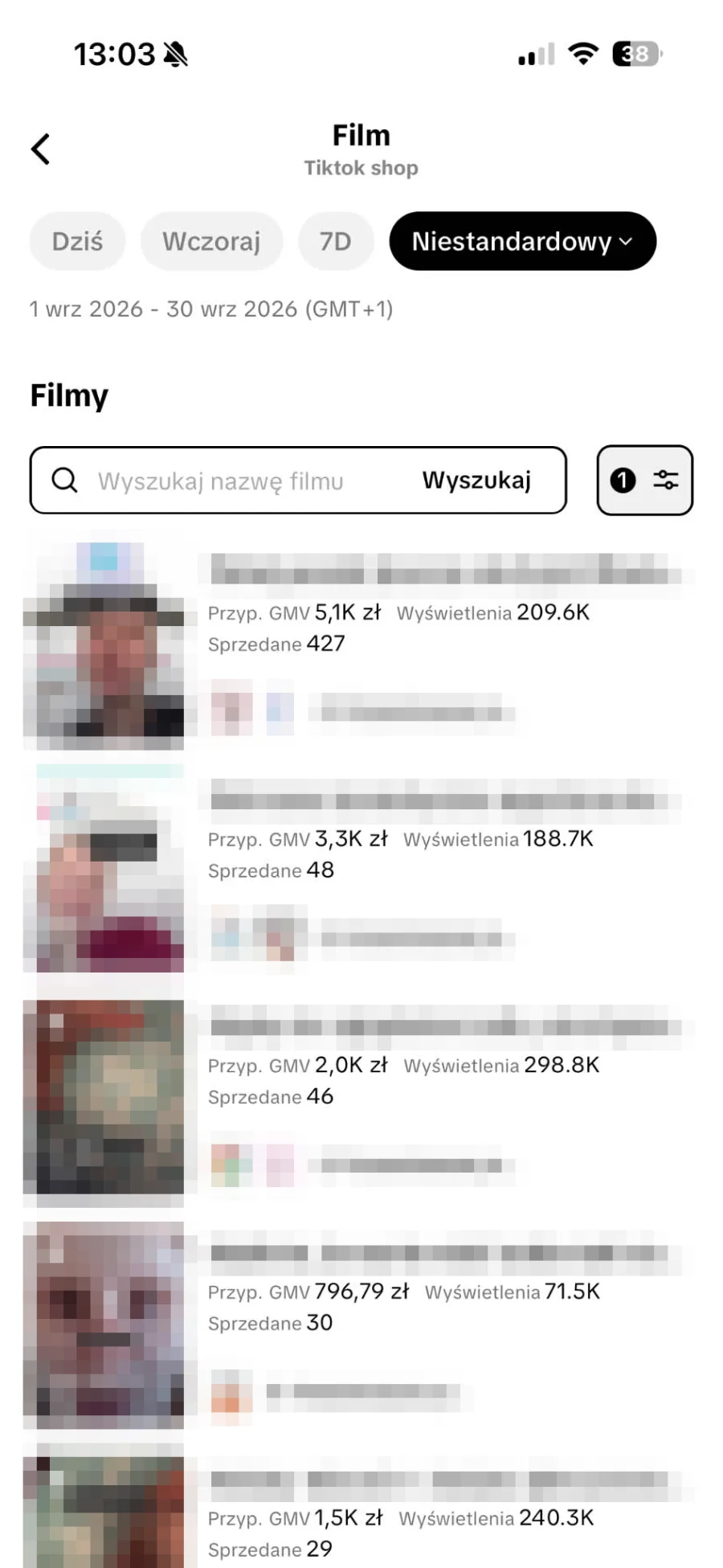 Lista filmów z września 2026 w panelu TikTok Shop z wynikami pojedynczych filmów.